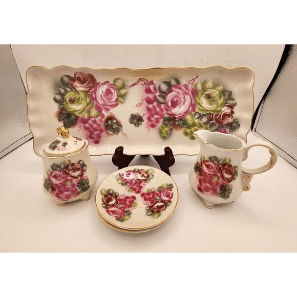 Vintage Hand-Painted Nippon Porcelain Creamer Sugar Bowl & Tray Set With Saucers - Picture 1 of 13